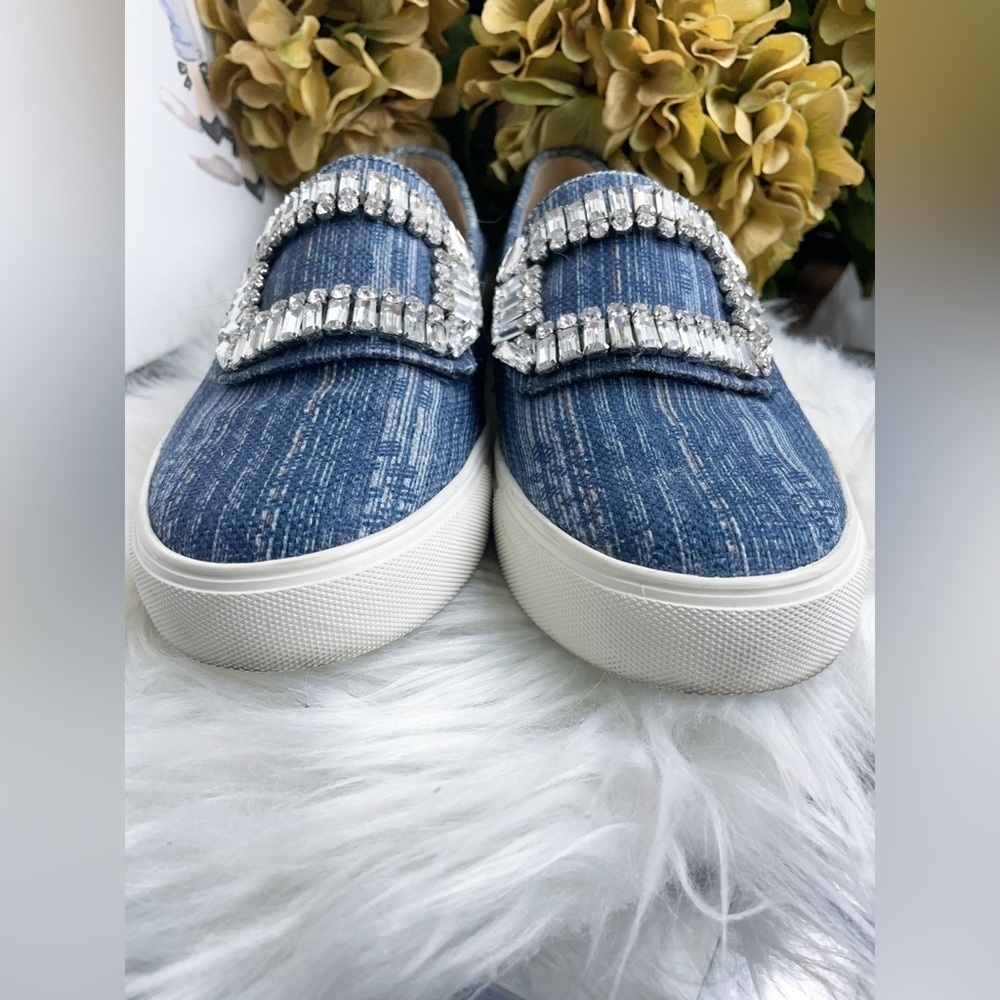 Karl Lagerfeld Navy Denim Slip on Shoes with Diamond Buckle Size 6/36 - Picture 6 of 8